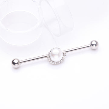 Detail View 1 of Pearlescent Sparkle Crescent Rim Industrial Barbell-Clear Gem